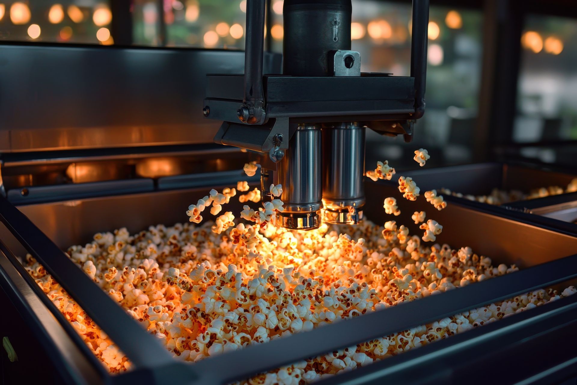 Close-up of popcorn being made in a commercial popcorn machine with bright, warm lights, and a dark background, emphasizing the freshness and appeal.