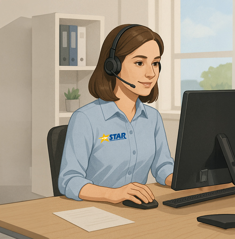 Service coordinator talking on a call in an office setting, handling the first step of the service process.