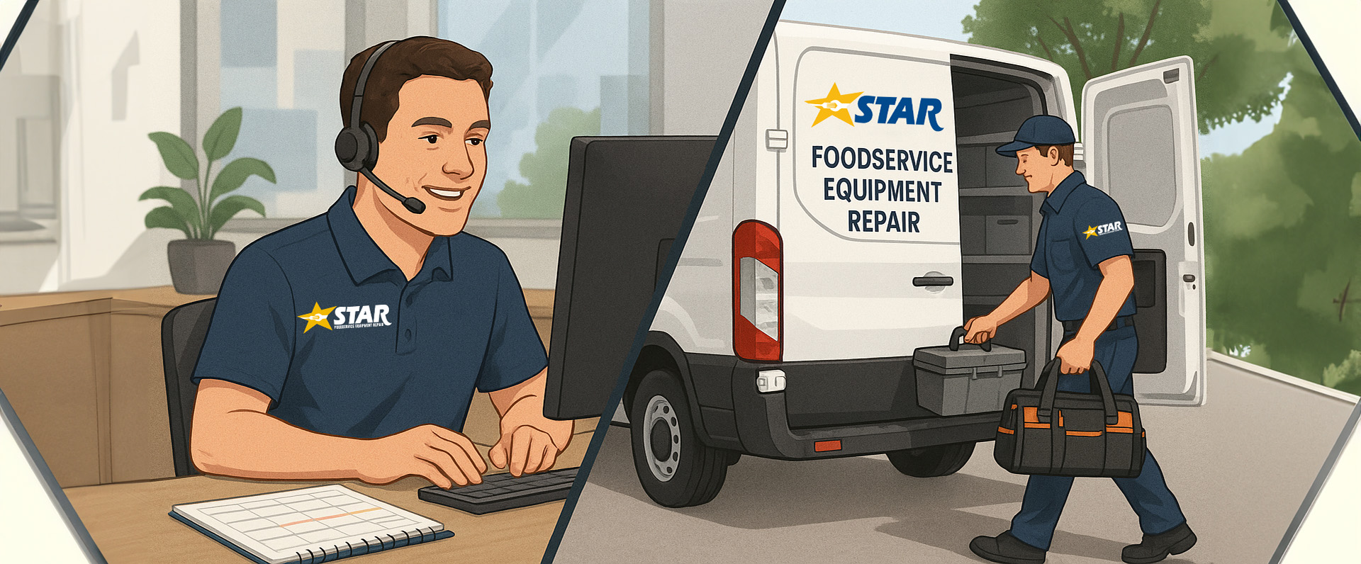 Split scene showing a service coordinator taking a customer call in an office, and a technician loading tools into a service van.
