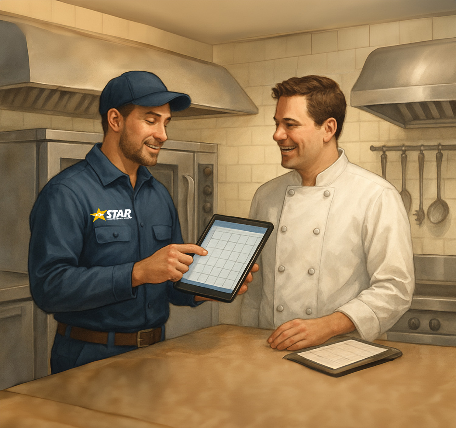 Illustration of a technician reviewing service documentation with a kitchen staff member in a commercial kitchen after completing equipment repair.