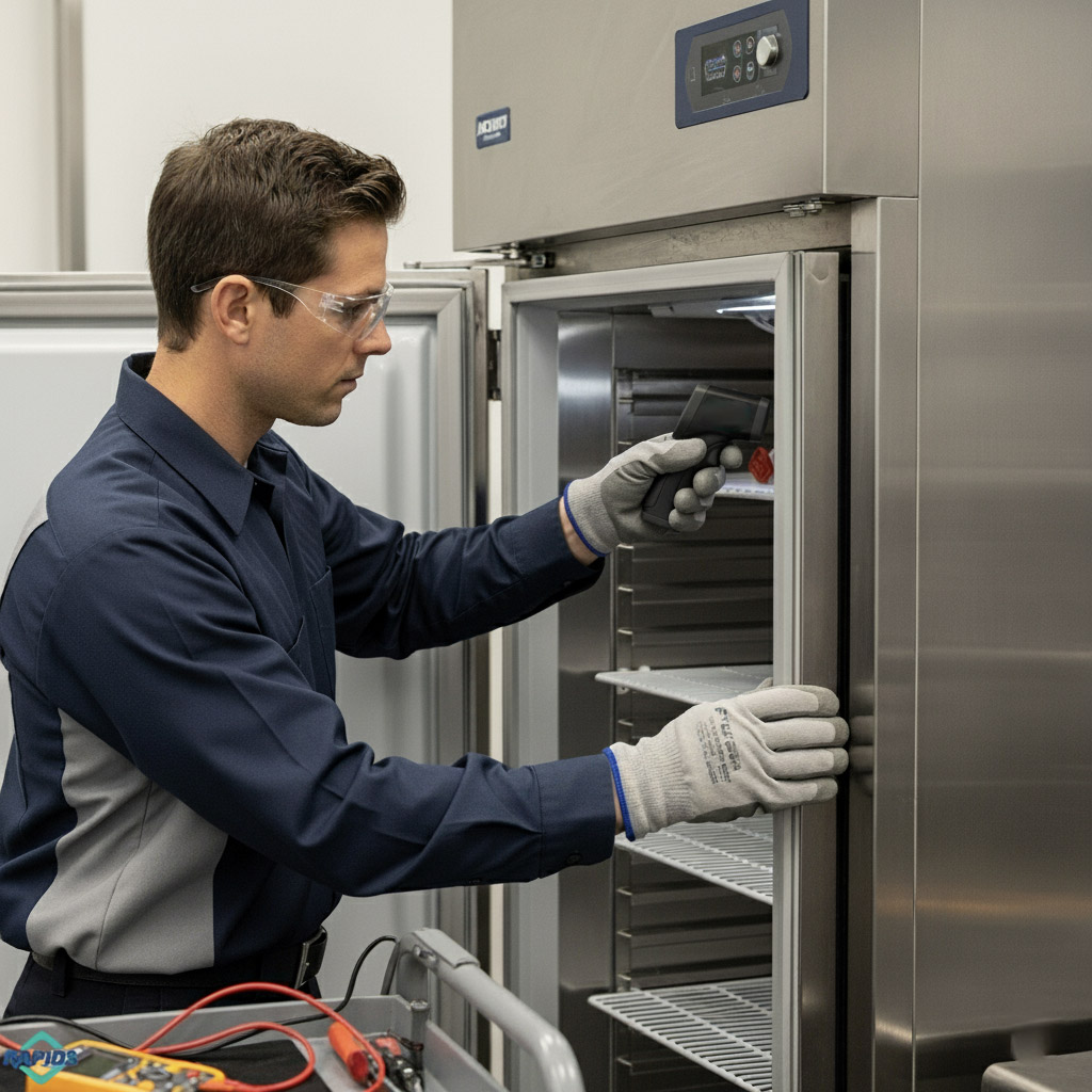 Tech is Checking Refrigeration Temperature Tech is Checking Refrigeration Temperature