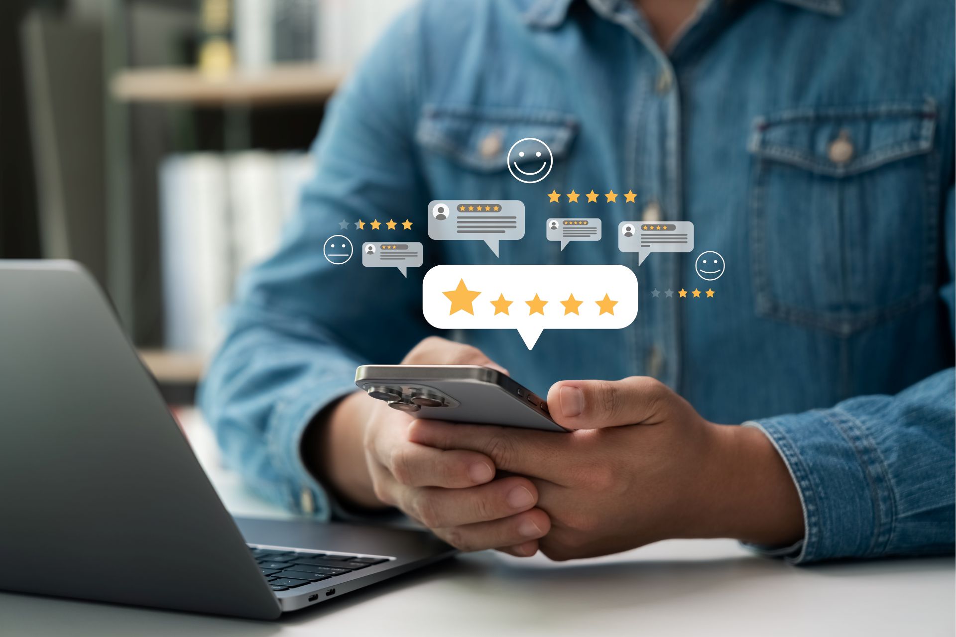 Customer giving a five-star rating in an online satisfaction survey for excellent service and quality