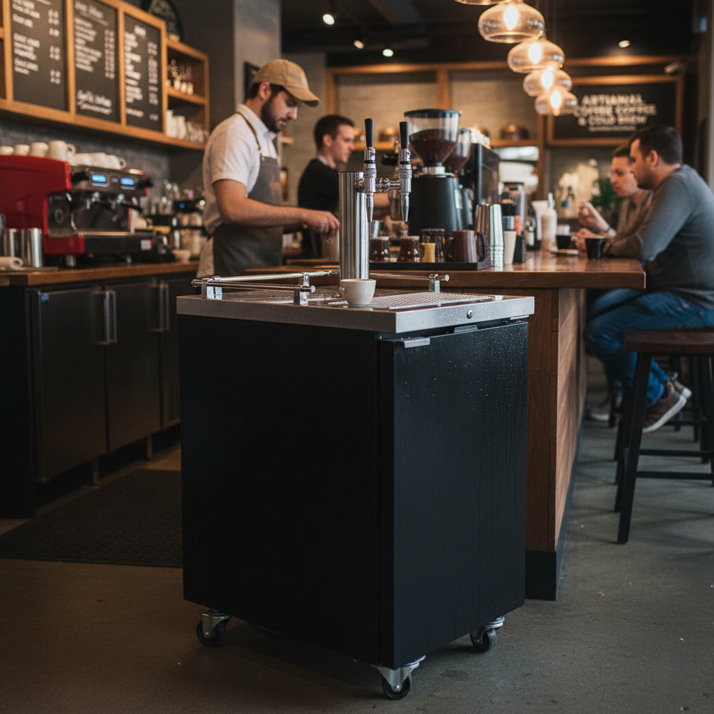 Mobile Commercial Cold Brew Kegerator in a Modern Cafe Setting Black mobile cold brew kegerator with a dual-tap tower in a bustling cafe.