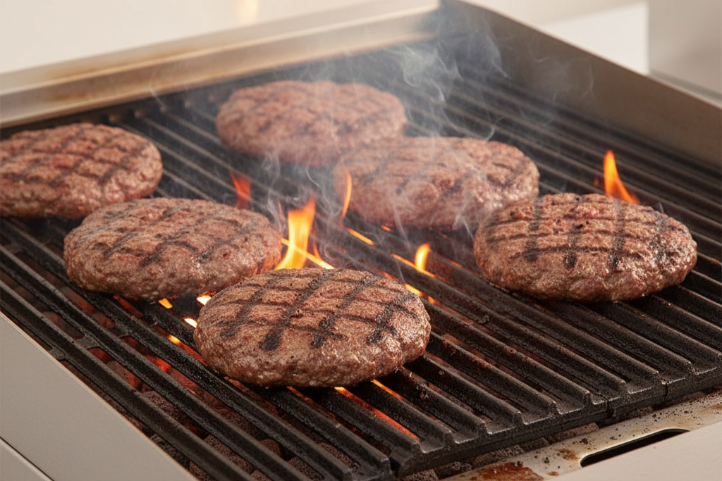 Burger patties cooking on a lava rock charbroiler with visible heating stones glowing under the grates.