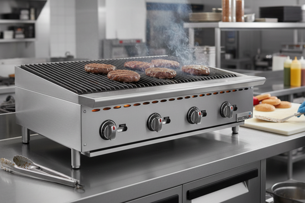 Stainless steel radiant charbroiler searing burger patties with visible grill marks and rising smoke in a commercial kitchen setting.