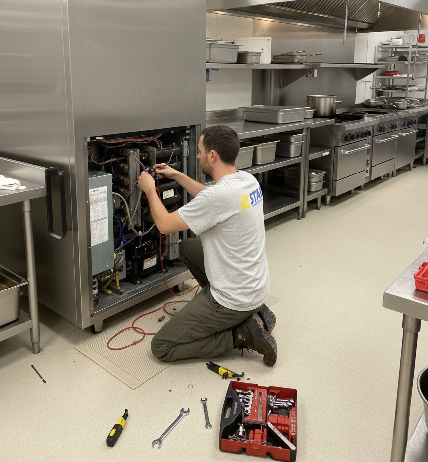 A STAR service technician kneeling behind a large commercial refrigerator in a stainless steel kitchen, performing repairs on the rear mechanical components with tools nearby.